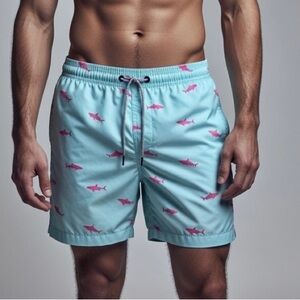 Men's Blue/Green Swim Shorts with Pink Shark Print LARGE
